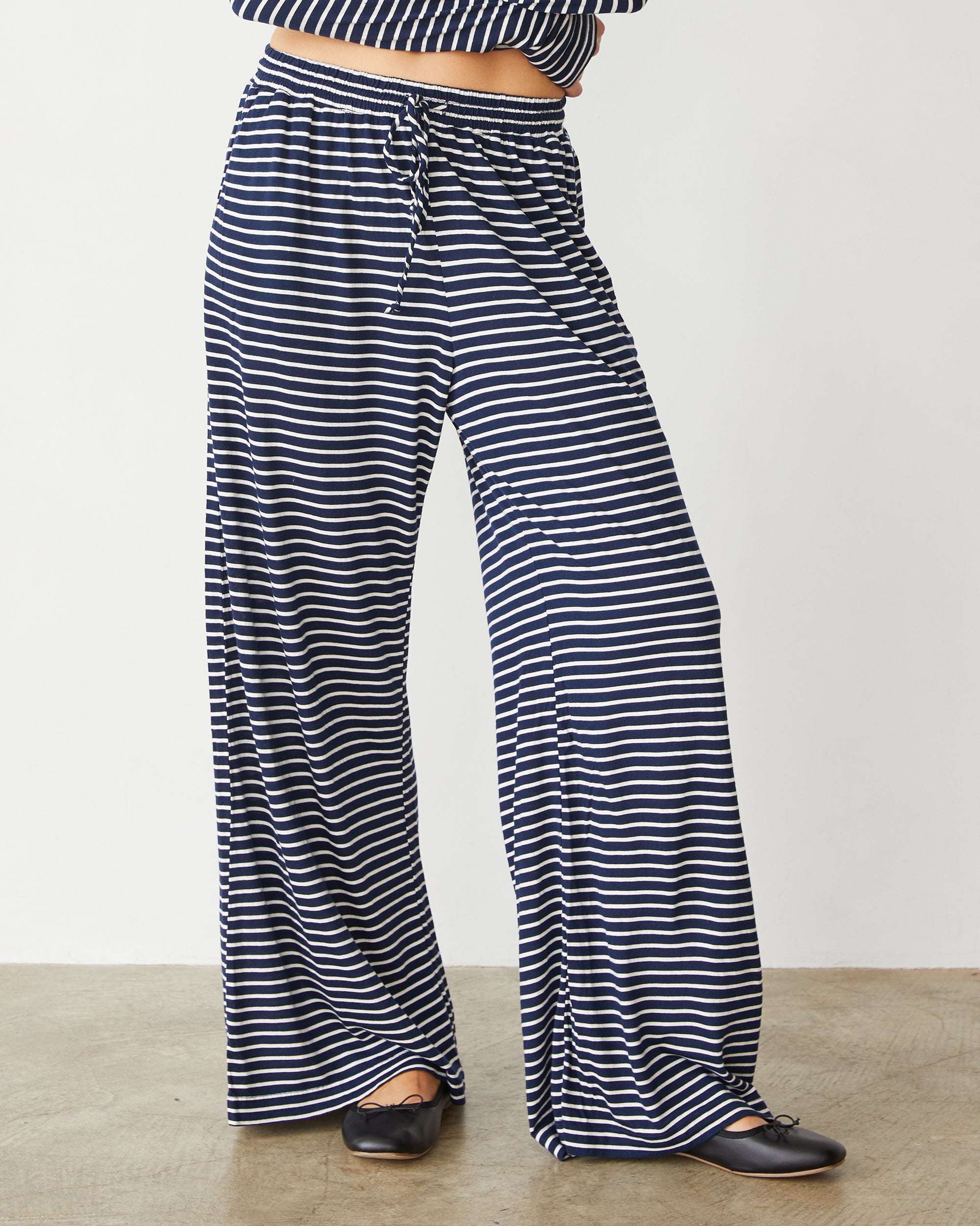 Blue and white striped wide leg pants online