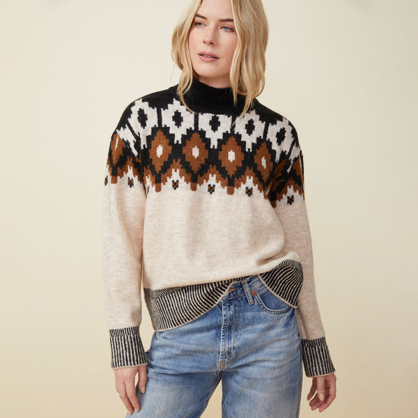 Women's Easy Mock-Neck Fair Isle Sweater, Women's Clearance